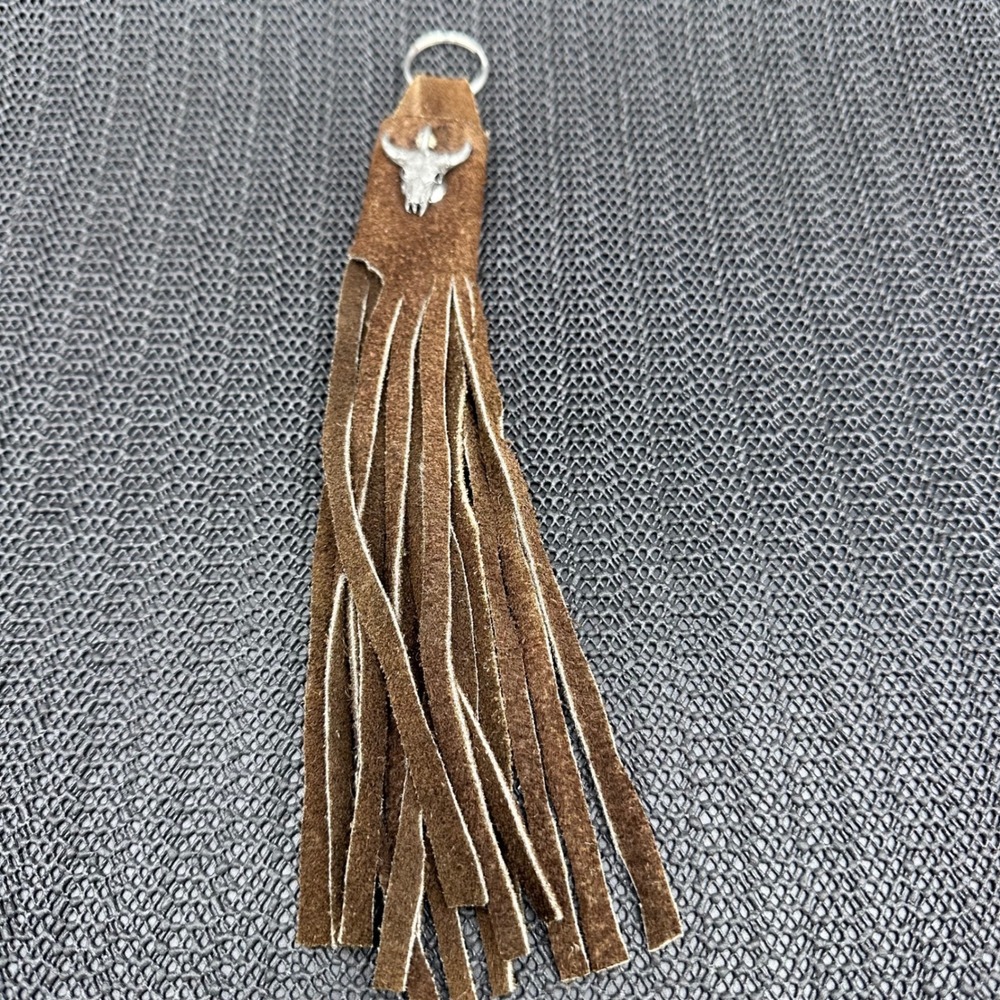 Western Brown Suede Leather Fringe Keychain Bull Skull Concho Bag Charm Boho